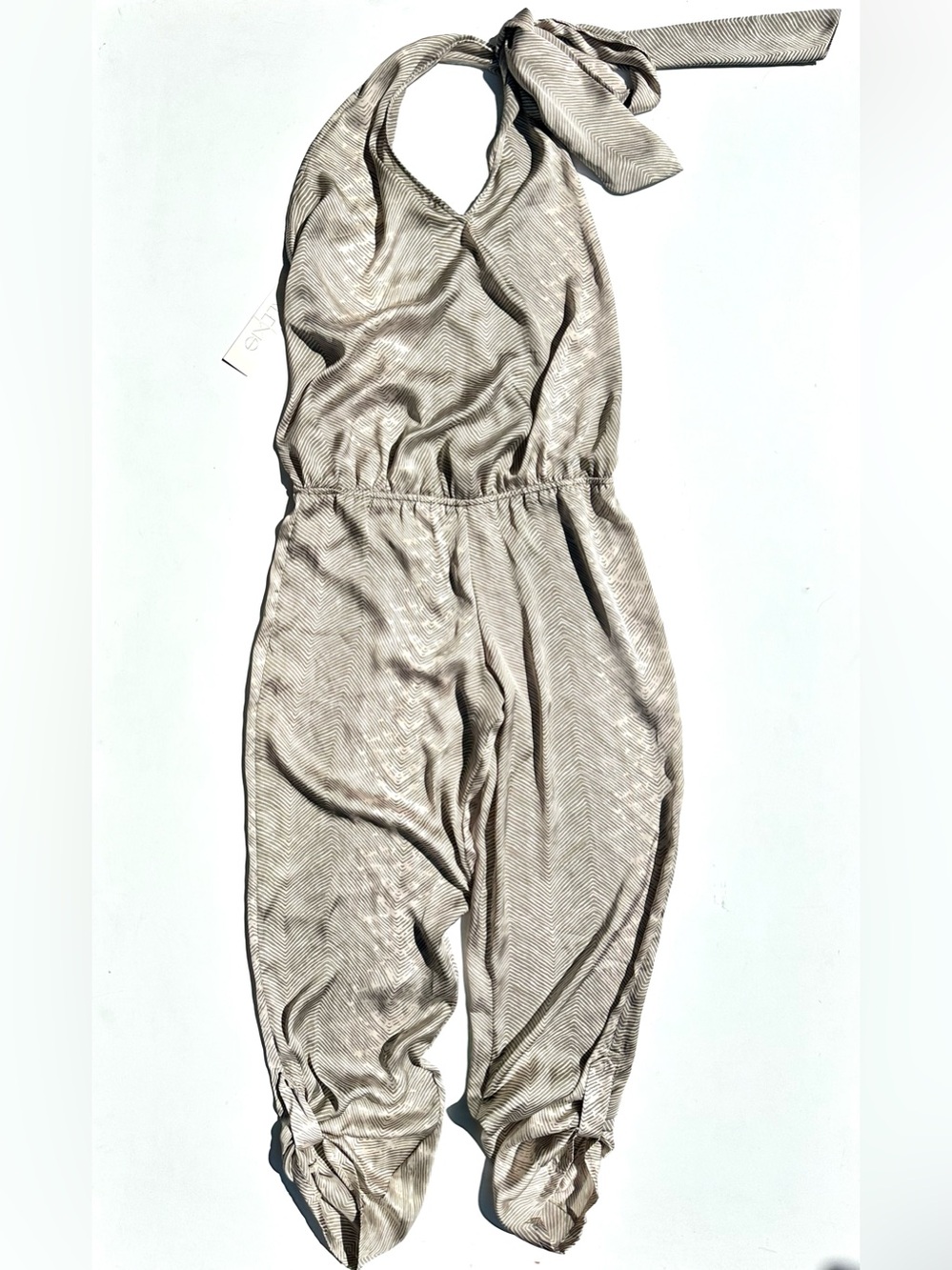 NWT Alexis Halter-Neck Satin Herringbone Jumpsuit Gathered Hem, Elastic Waist, S